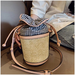 Retro Weave Lattice Leather Bucket Bag for Women