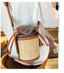 Retro Weave Lattice Leather Bucket Bag for Women