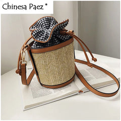 Retro Weave Lattice Leather Bucket Bag for Women