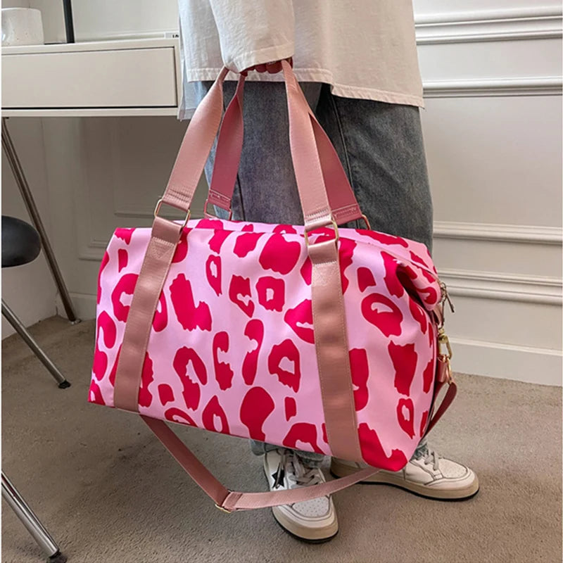 Leopard Print Gym Bag Women Travel Duffle Waterproof Tote Fitness Handbag