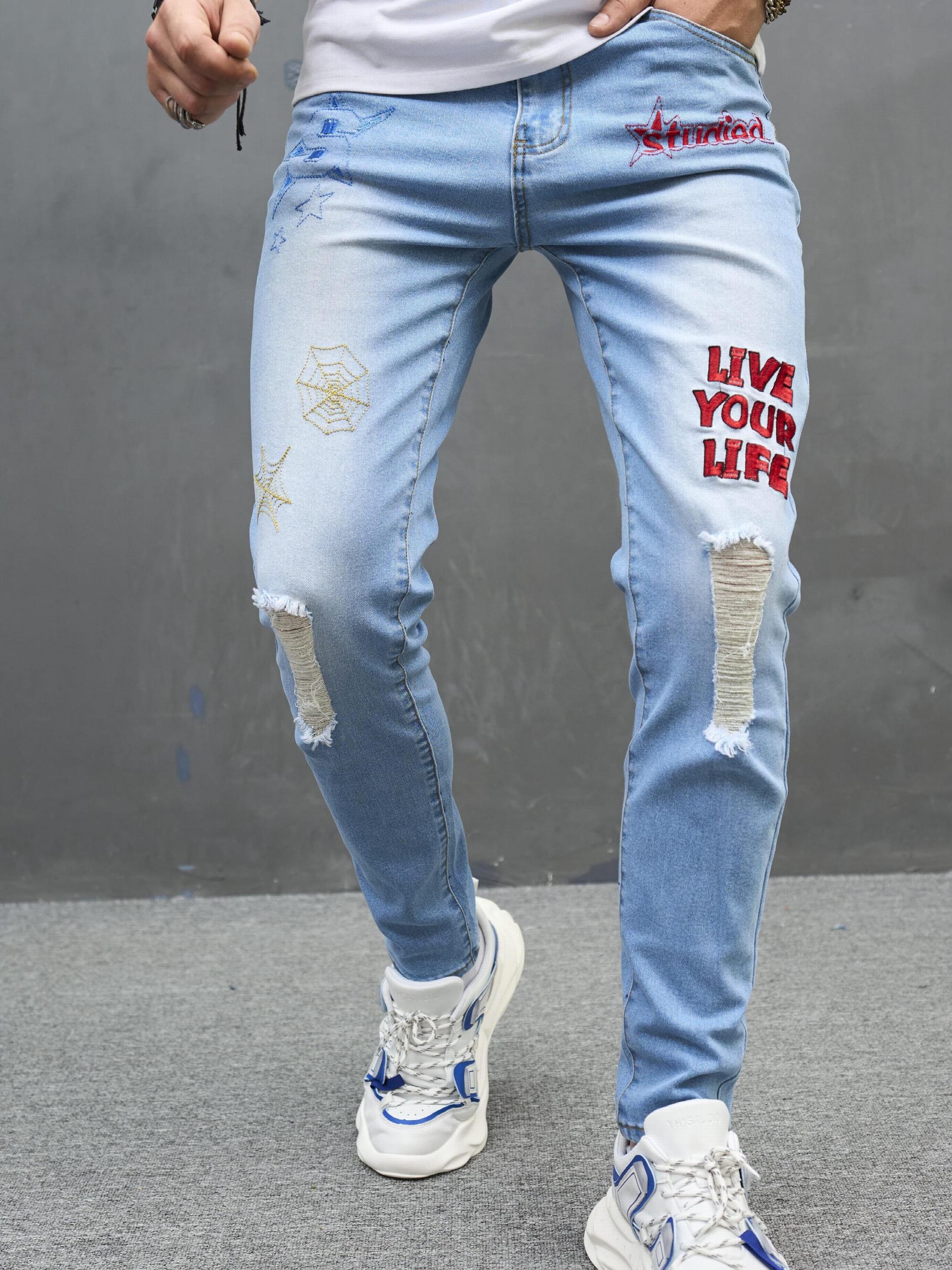 Embroidery Letter Slim Fit Ripped Jeans Men's Street Style Denim Pants