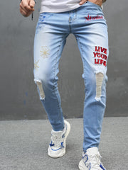 Embroidery Letter Slim Fit Ripped Jeans Men's Street Style Denim Pants