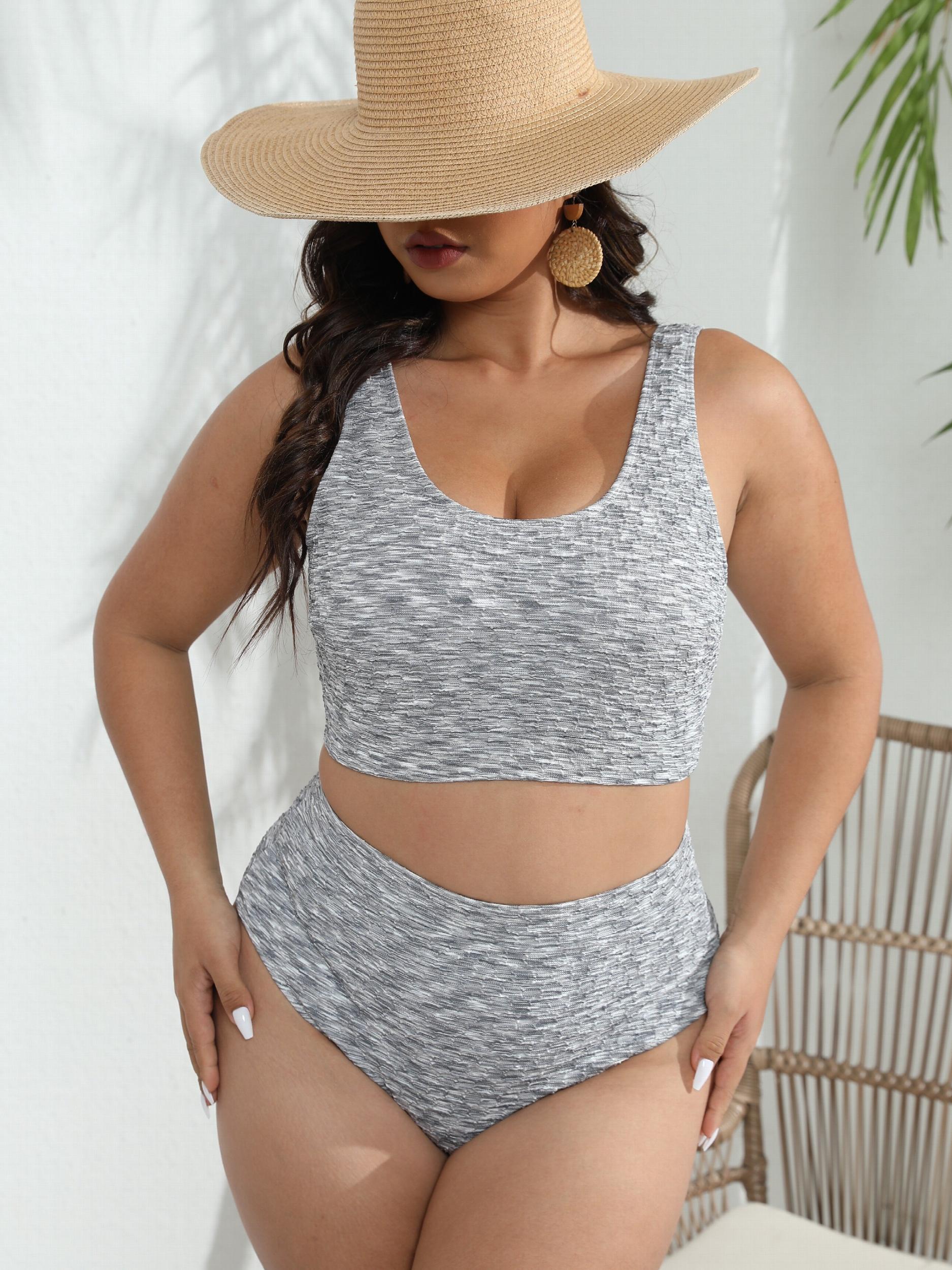 Retro Tankini Set Women's Plus Textured Tank Top & Panty Swimsuit