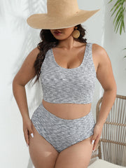 Retro Tankini Set Women's Plus Textured Tank Top & Panty Swimsuit