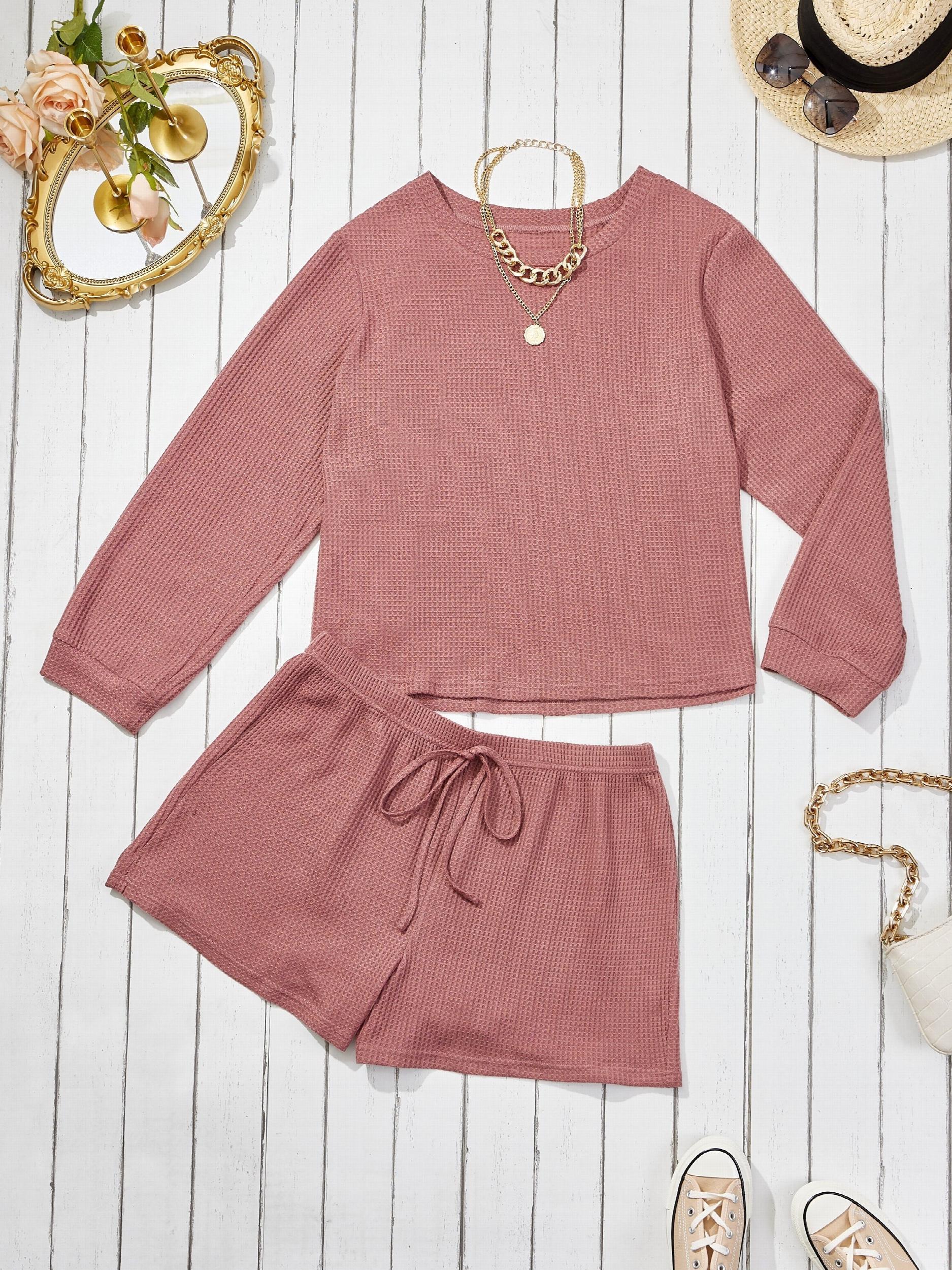 Waffle Pattern Long Sleeve Top & Shorts 2 Piece Set