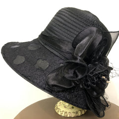 Embossed Organza Sun Hat Wide Brim Derby Hat Mesh Flower Decor