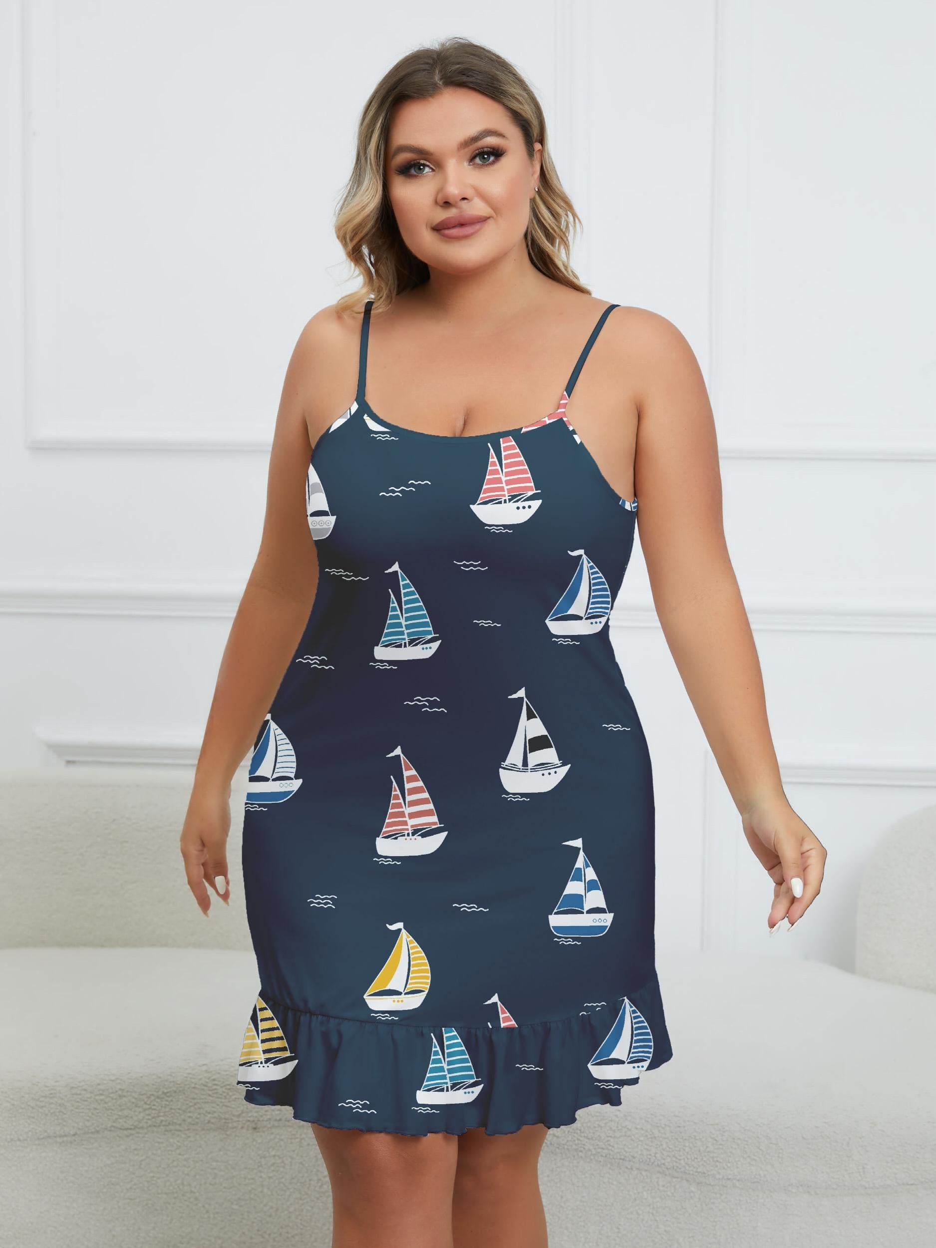 Cartoon Print Ruffle Trim Cami Sleep Dress