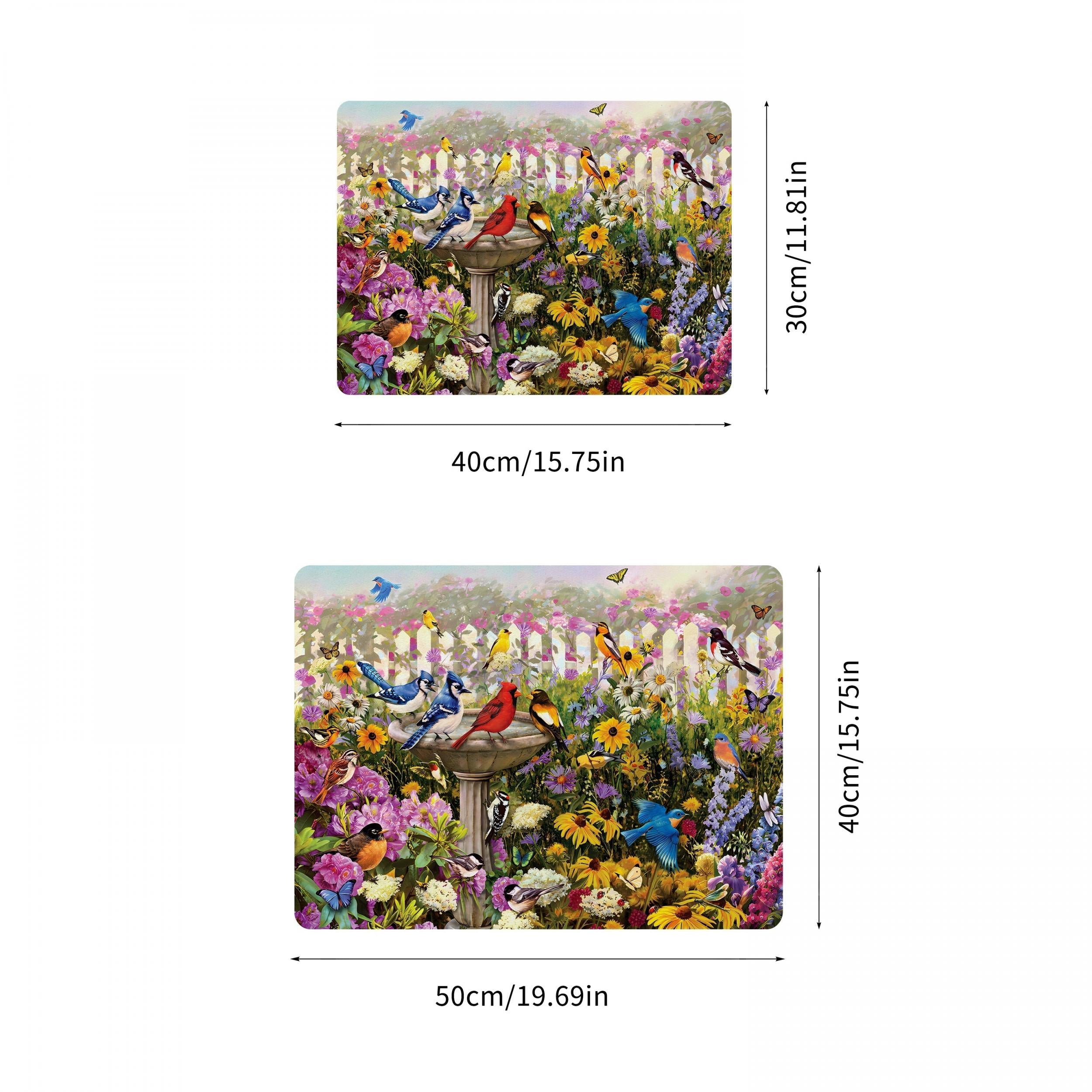 Flower and Bird Printed Dish Drying Mat Non Slip Absorbent Wear Resistant
