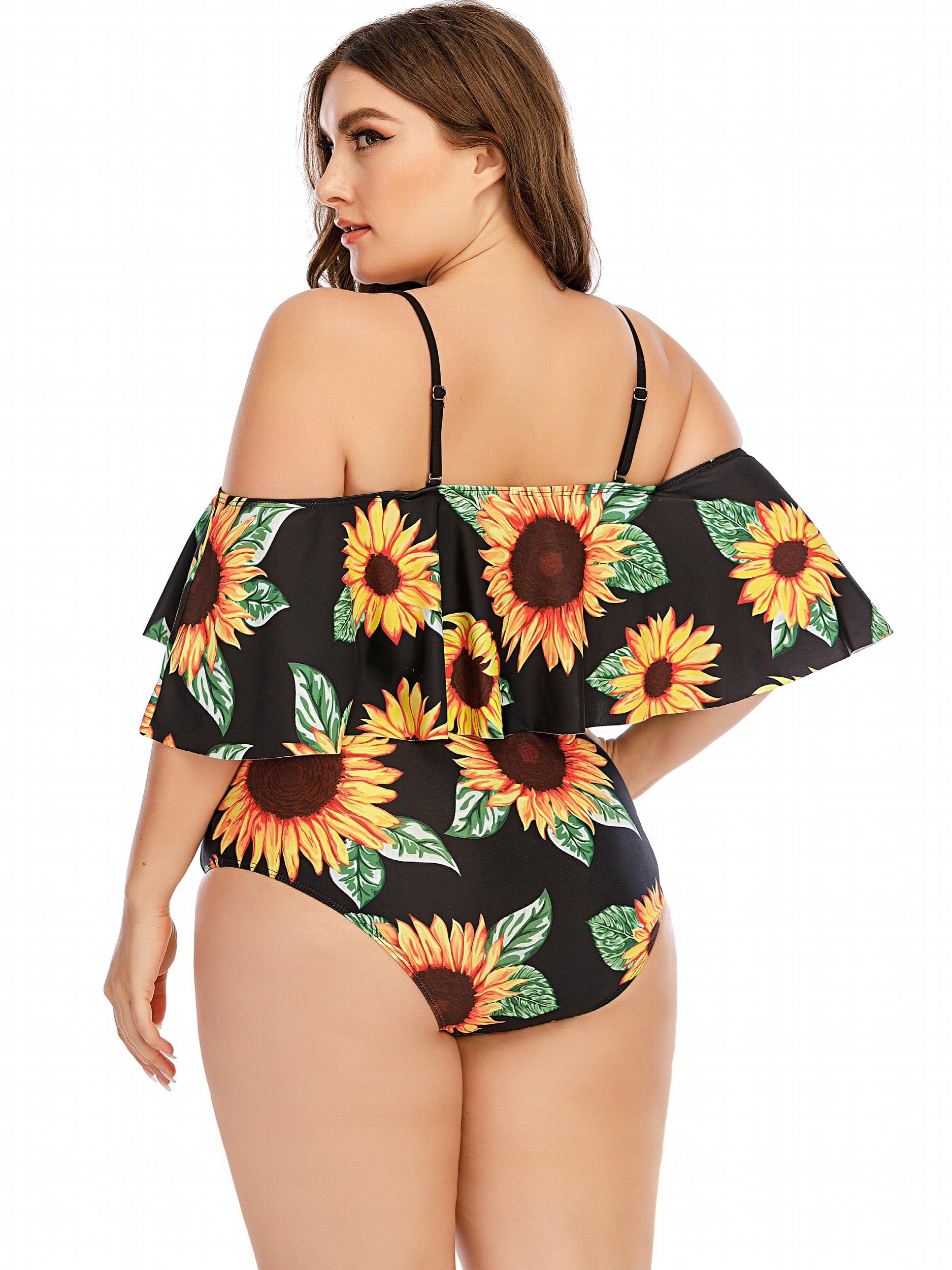 Sunflower Print Off Shoulder Ruffle One Piece Swimsuit