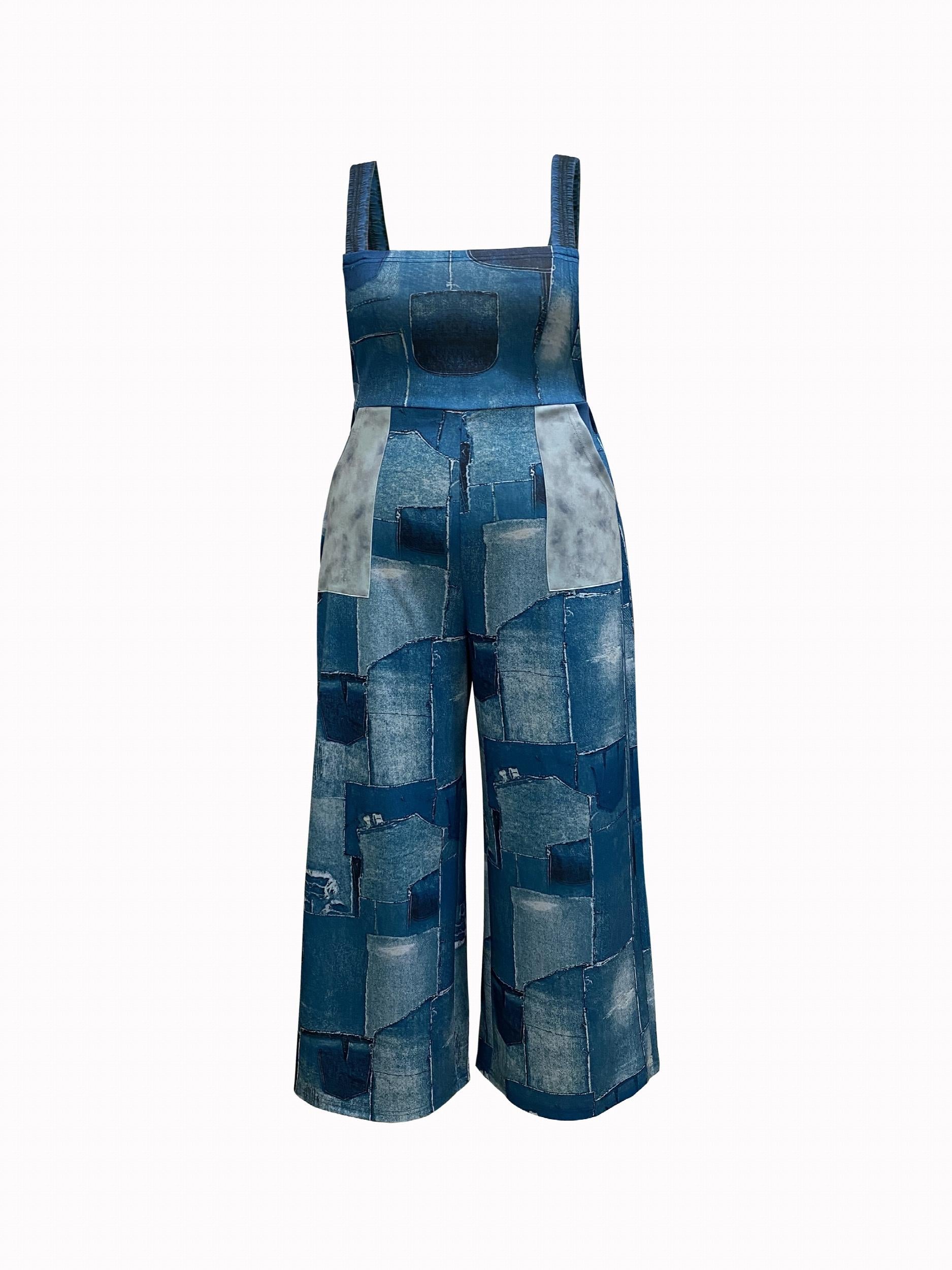 Women's Plus Denim Print Square Neck Wide Leg Jumpsuit