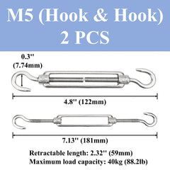 4pcs M4-M12 Hook And Hook Turnbuckle 304 Stainless Steel Wire Rope Tension