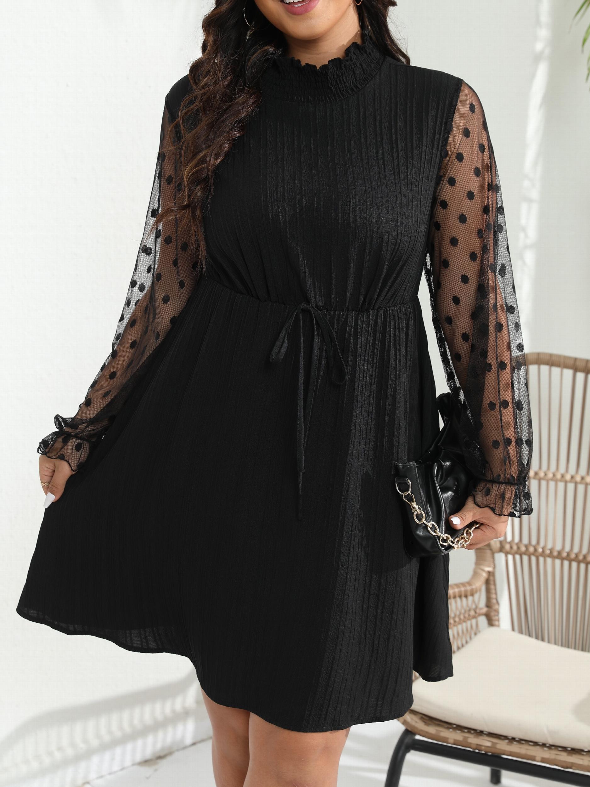 Ribbed Mesh Flounce Sleeve Tie Front Knee Length Dress
