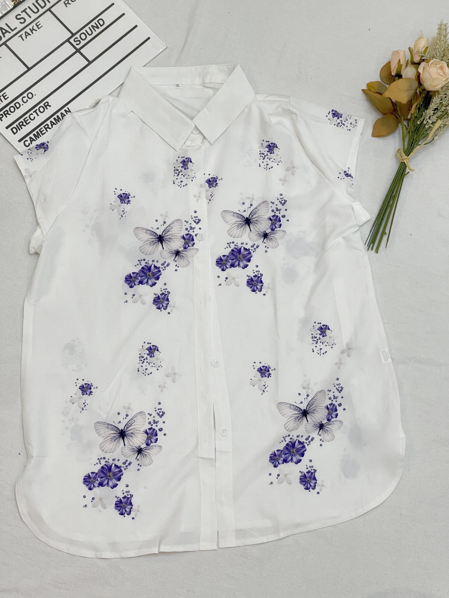 Butterfly & Floral Cap Sleeve Blouse