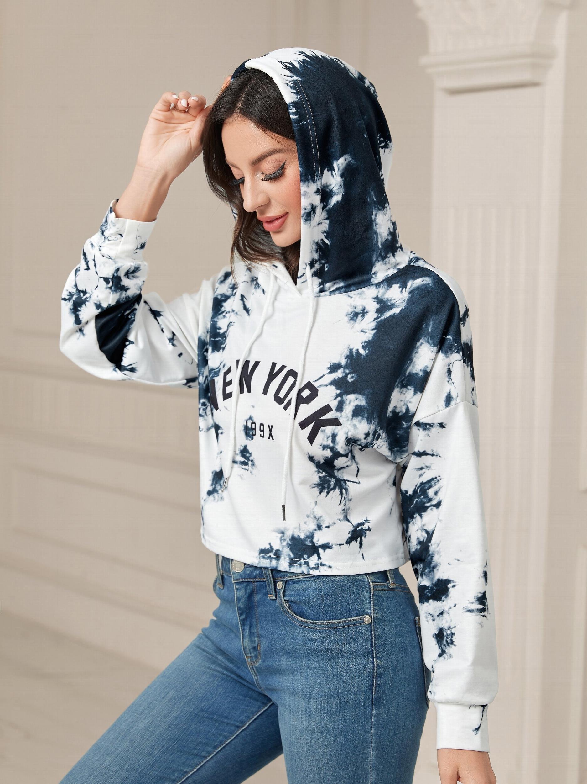 Tie Dye Crop Hoodie Casual Long Sleeve Hoodies Sweatshirt Women's Clothing