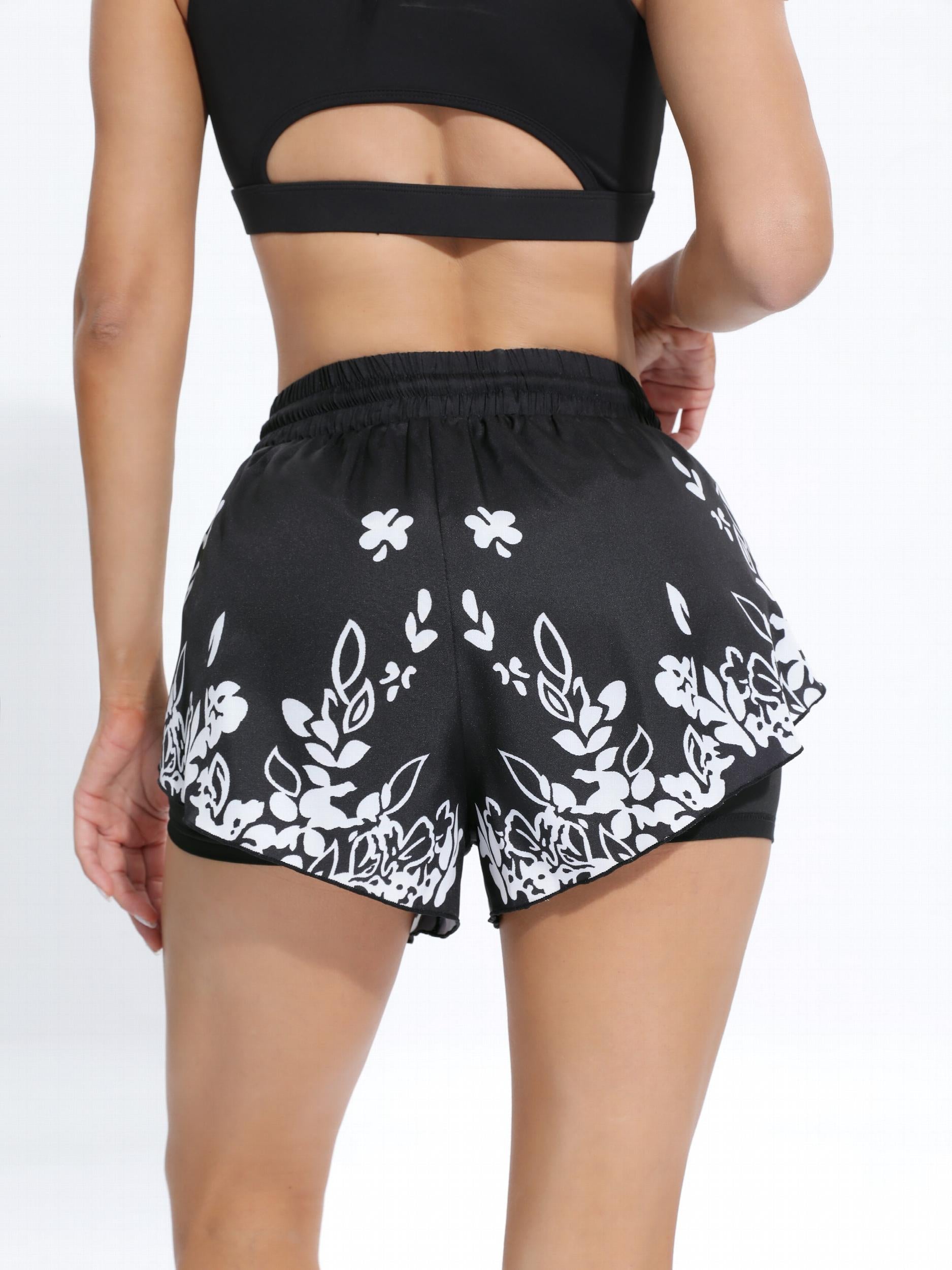 Plant Print High Stretch Fitness Sports Short Women's Activewear