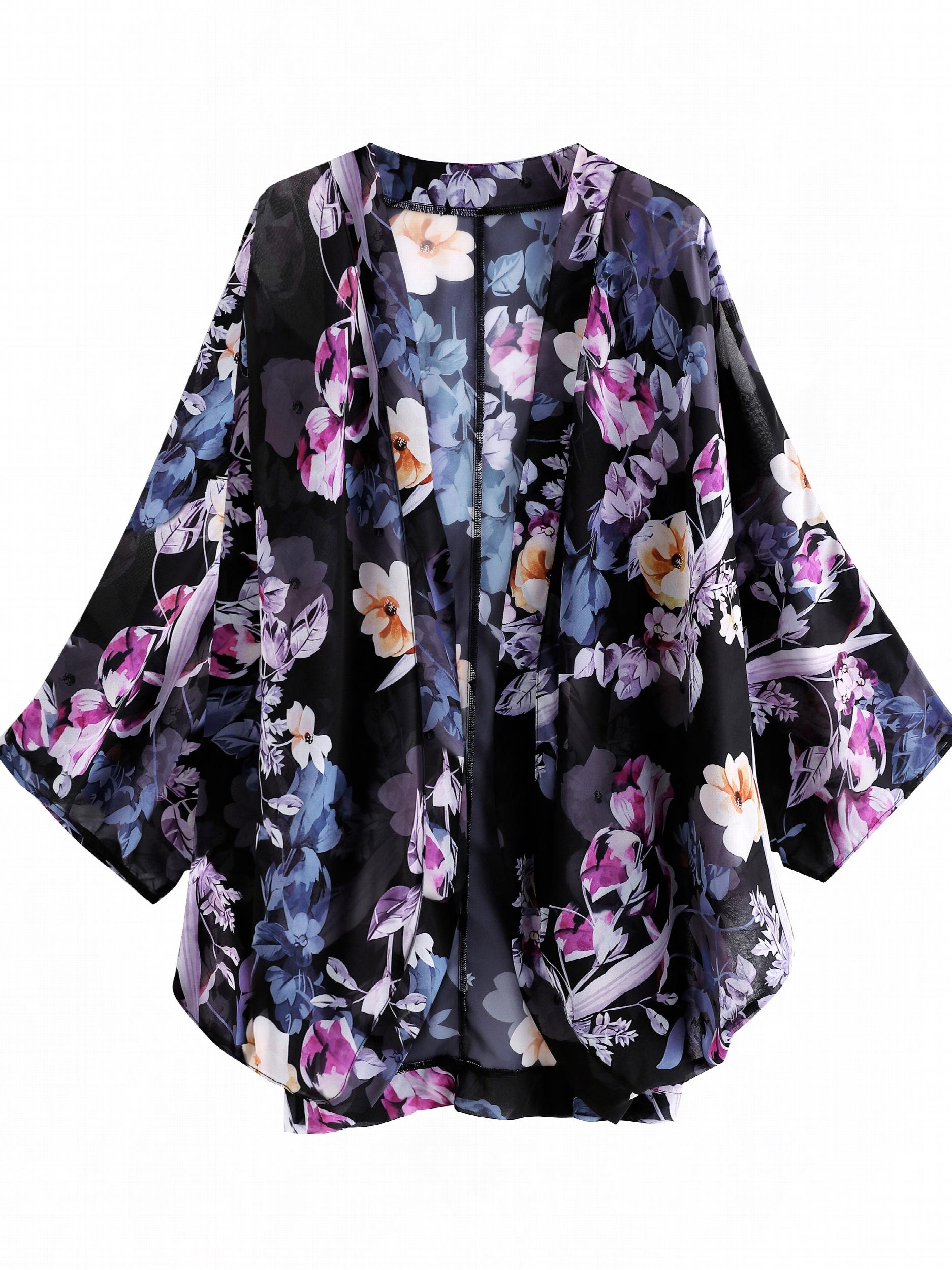 Floral Print Sheer Cover Up Shirt V Neck Long Sleeve Rash Guard Kimono