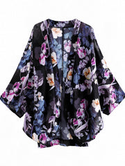 Floral Print Sheer Cover Up Shirt V Neck Long Sleeve Rash Guard Kimono