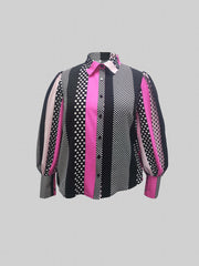 Colorblock Dot Print Button Up Lantern Sleeve Blouse