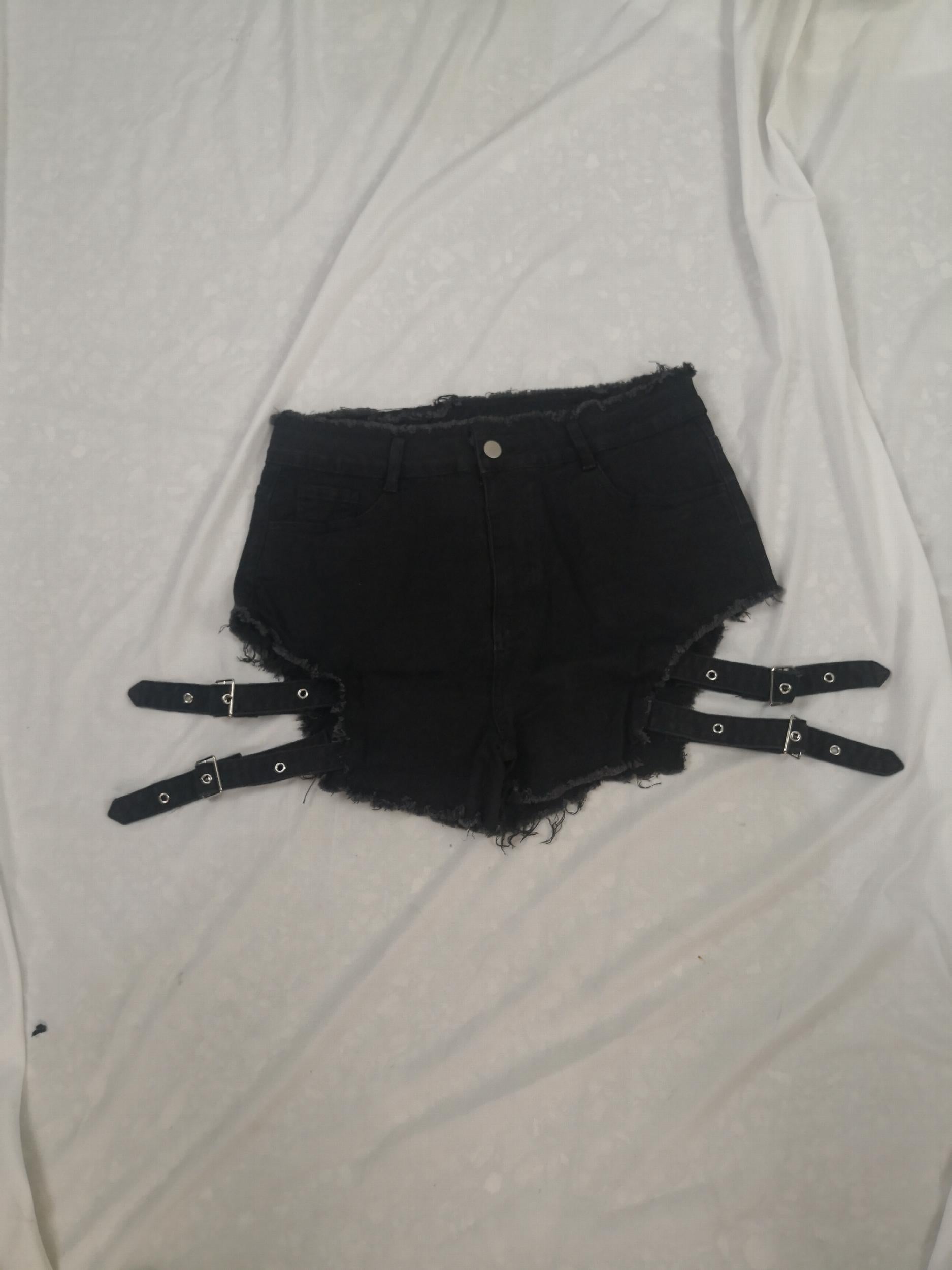 Punk Denim Shorts Halloween Eyelash Trim Cut Out Button Up
