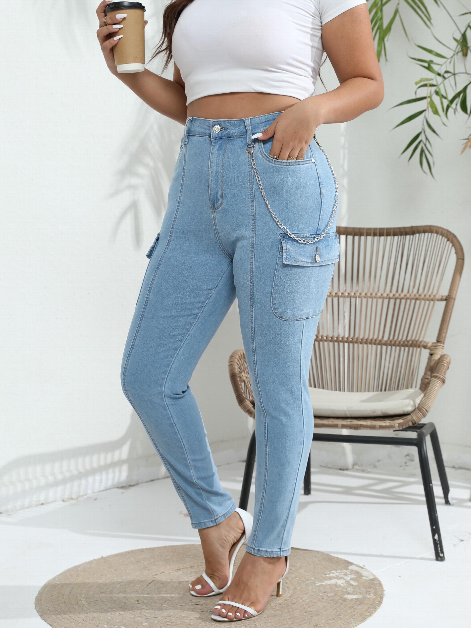Solid High Rise Skinny Cargo Jeans With Pockets