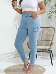 Solid High Rise Skinny Cargo Jeans With Pockets