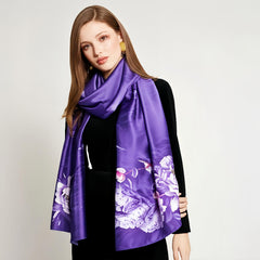 Purple Floral Silk Scarf 180x70cm Lightweight Hand Washable for Suits