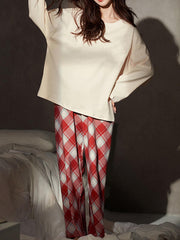 Cozy Pajama Set Long Sleeve Top & Plaid Pants Sleepwear & Loungewear