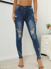 Ripped Holes Skinny Jeans Mid Stretch Casual Denim Women's Pants