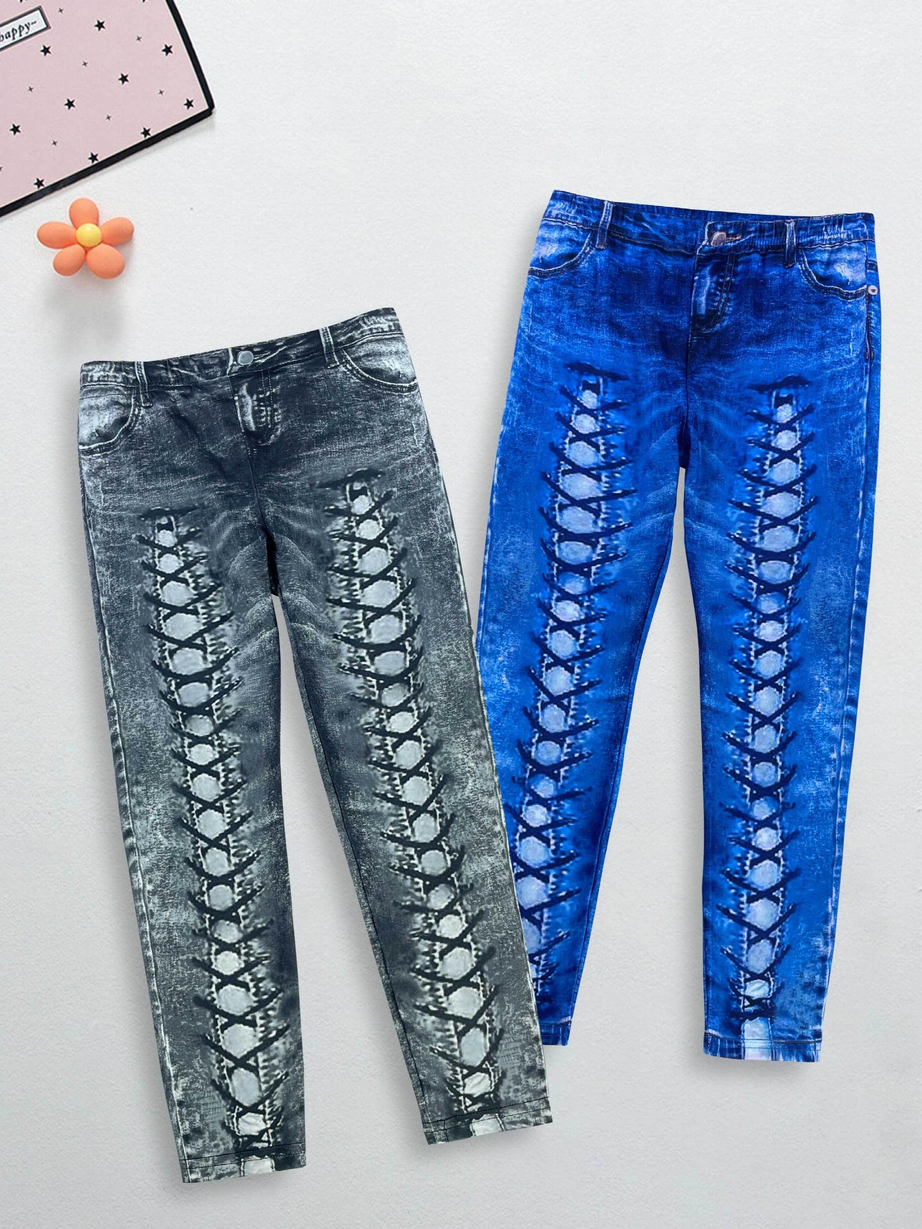 Girls 3D Denim Printed Leggings with Lace Up Design
