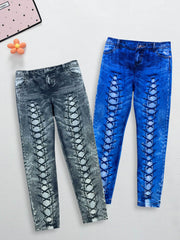 Girls 3D Denim Printed Leggings with Lace Up Design