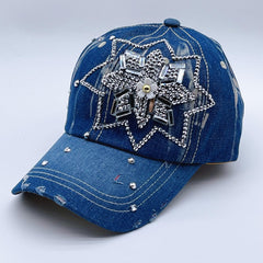 Rhinestone Flower Decor Baseball Cap Washed Distressed Denim Sun Hat