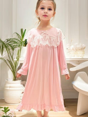 Girls Nightdress Puff Sleeve Ruffle Pajamas Lace Loungewear
