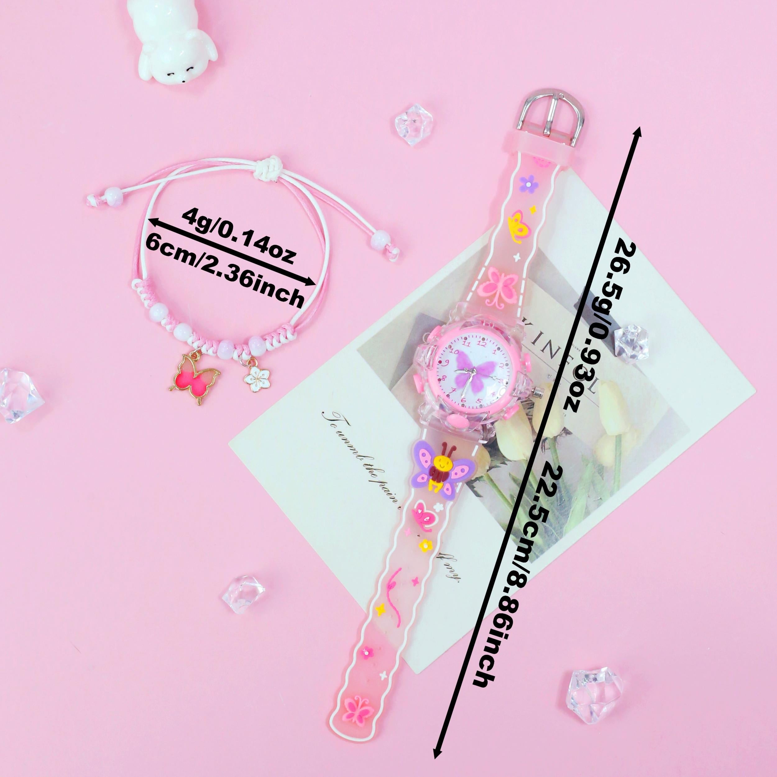 LED Night Light Quartz Watch & Butterfly Bracelet Set - Pink & Purple