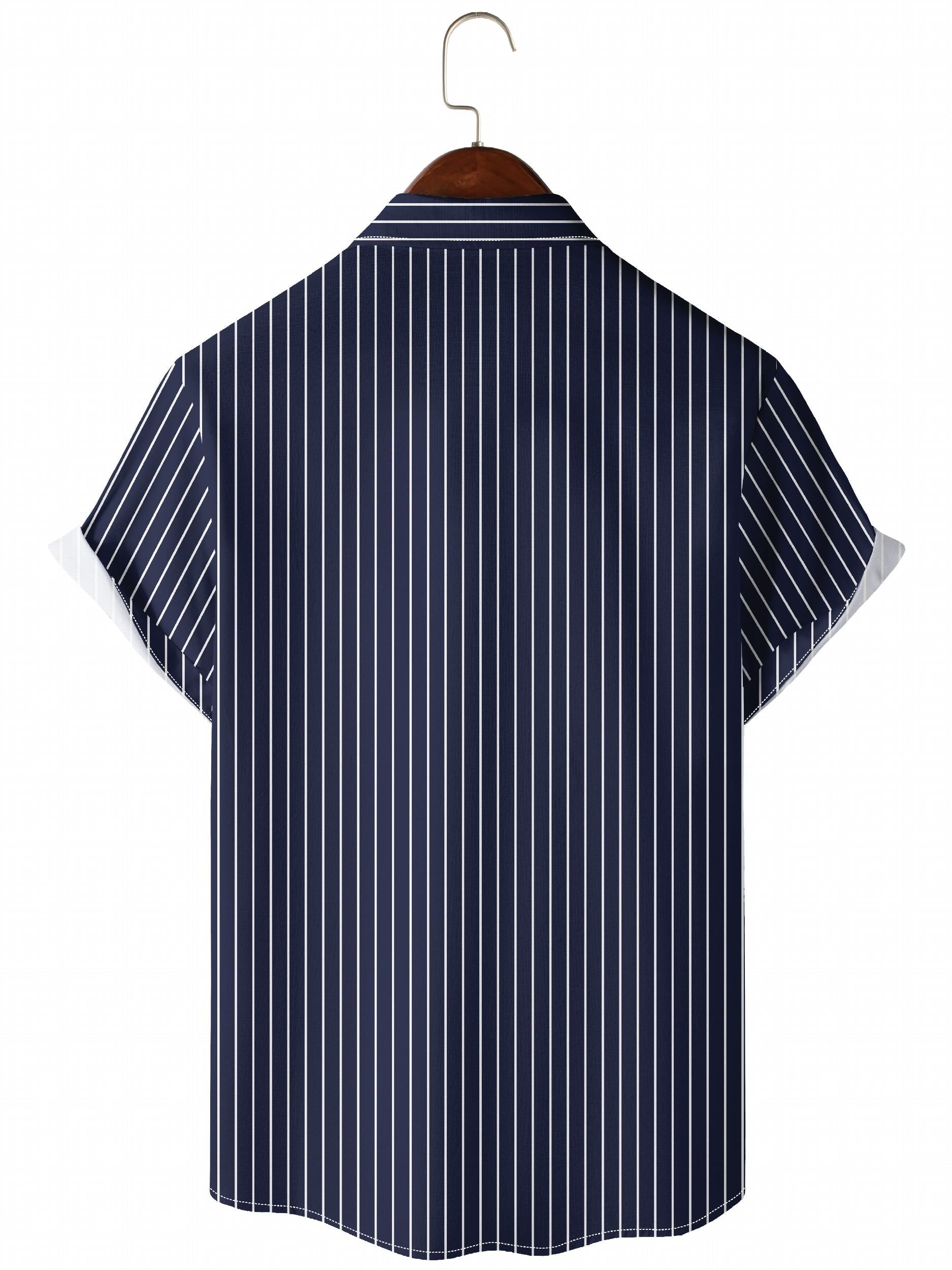 Men's Vertical Striped Camp Collar Bowling Shirt Short Sleeve Summer Hawaiian
