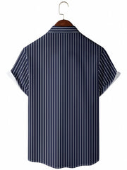 Men's Vertical Striped Camp Collar Bowling Shirt Short Sleeve Summer Hawaiian