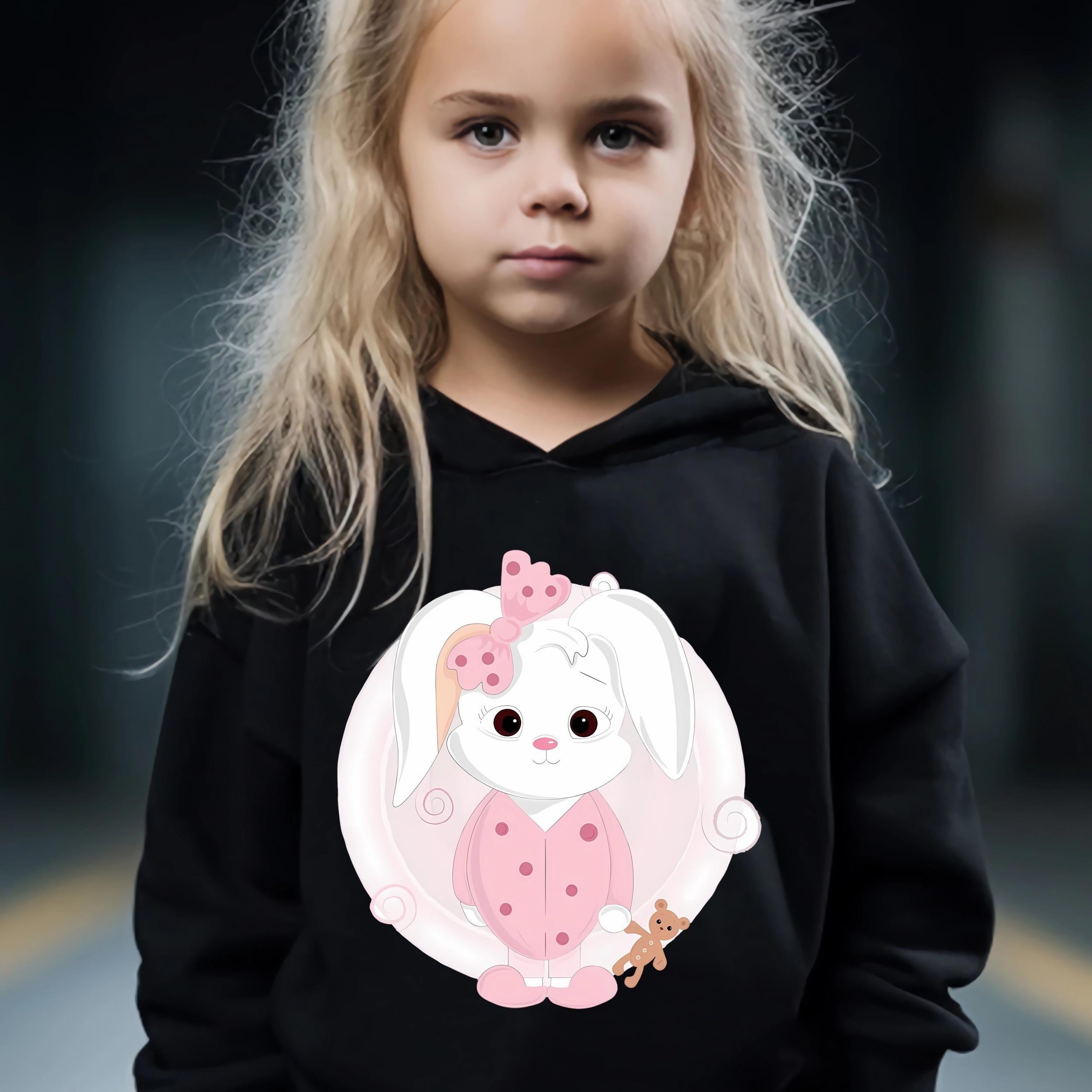 Cartoon Rabbit Pattern Hooded Sweatshirt & Solid Sweatpants Set for Girls