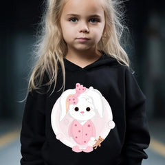 Cartoon Rabbit Pattern Hooded Sweatshirt & Solid Sweatpants Set for Girls