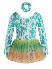 Girls Long Sleeve Back Bow Stars Sequins Tulle Tutu Patchwork Dress