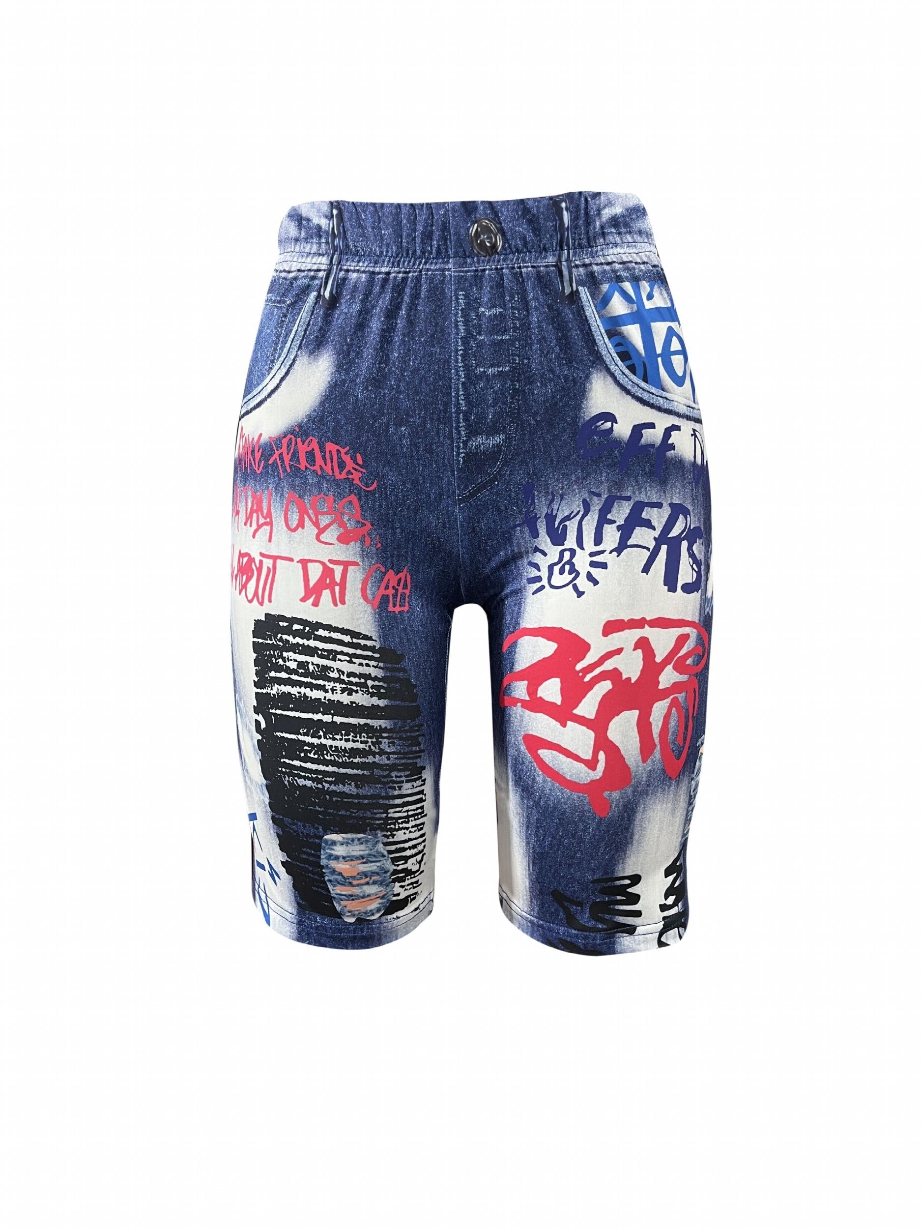 Graffiti & Denim Print High Waist Summer Casual Shorts