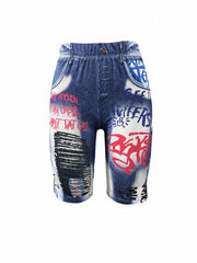 Graffiti & Denim Print High Waist Summer Casual Shorts
