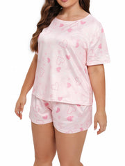 Plus Size Heart Print Pajama Set Short Sleeve Round Neck Top & Shorts