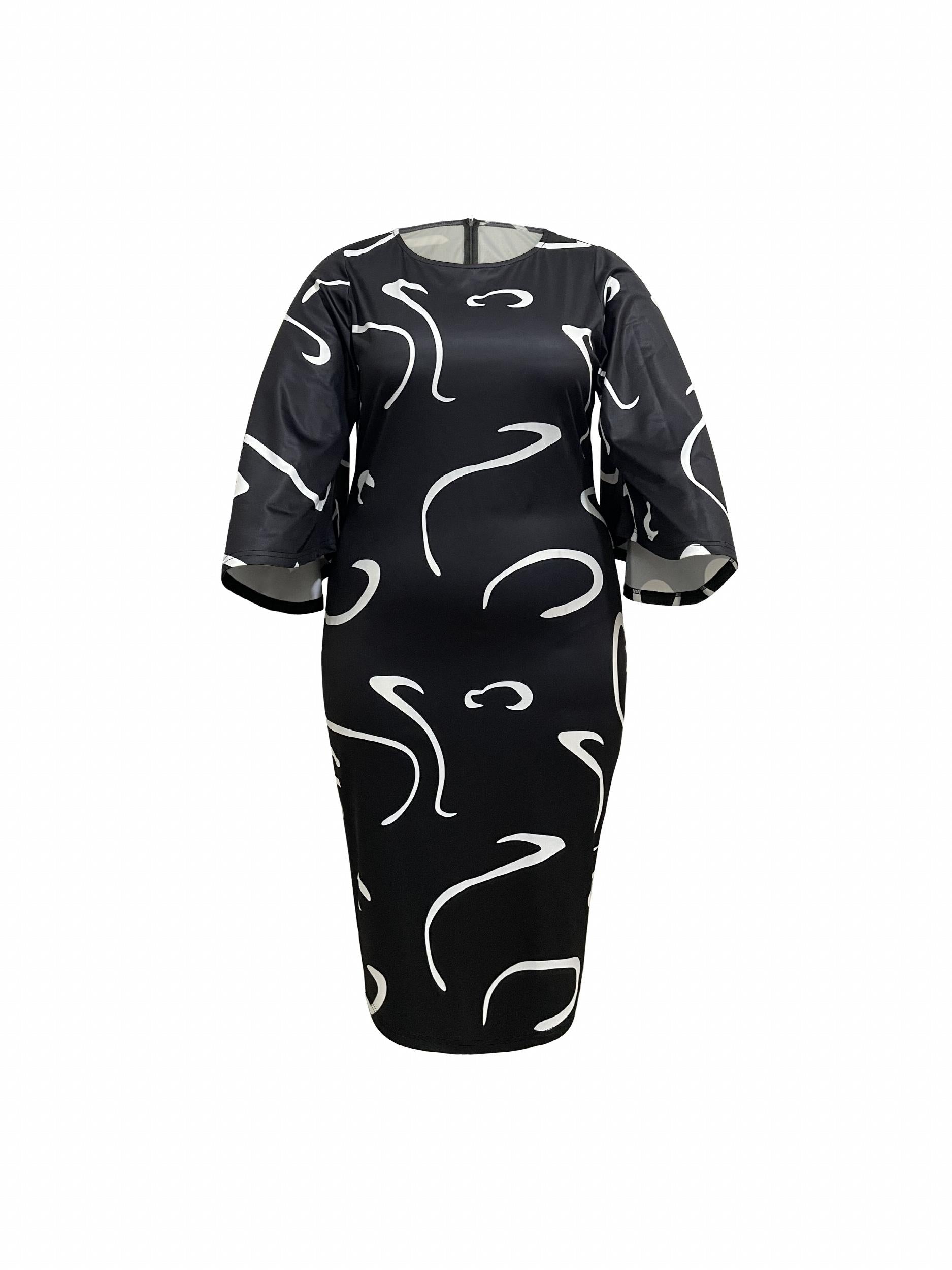 Graffiti Print Bell Sleeve Round Neck Dress