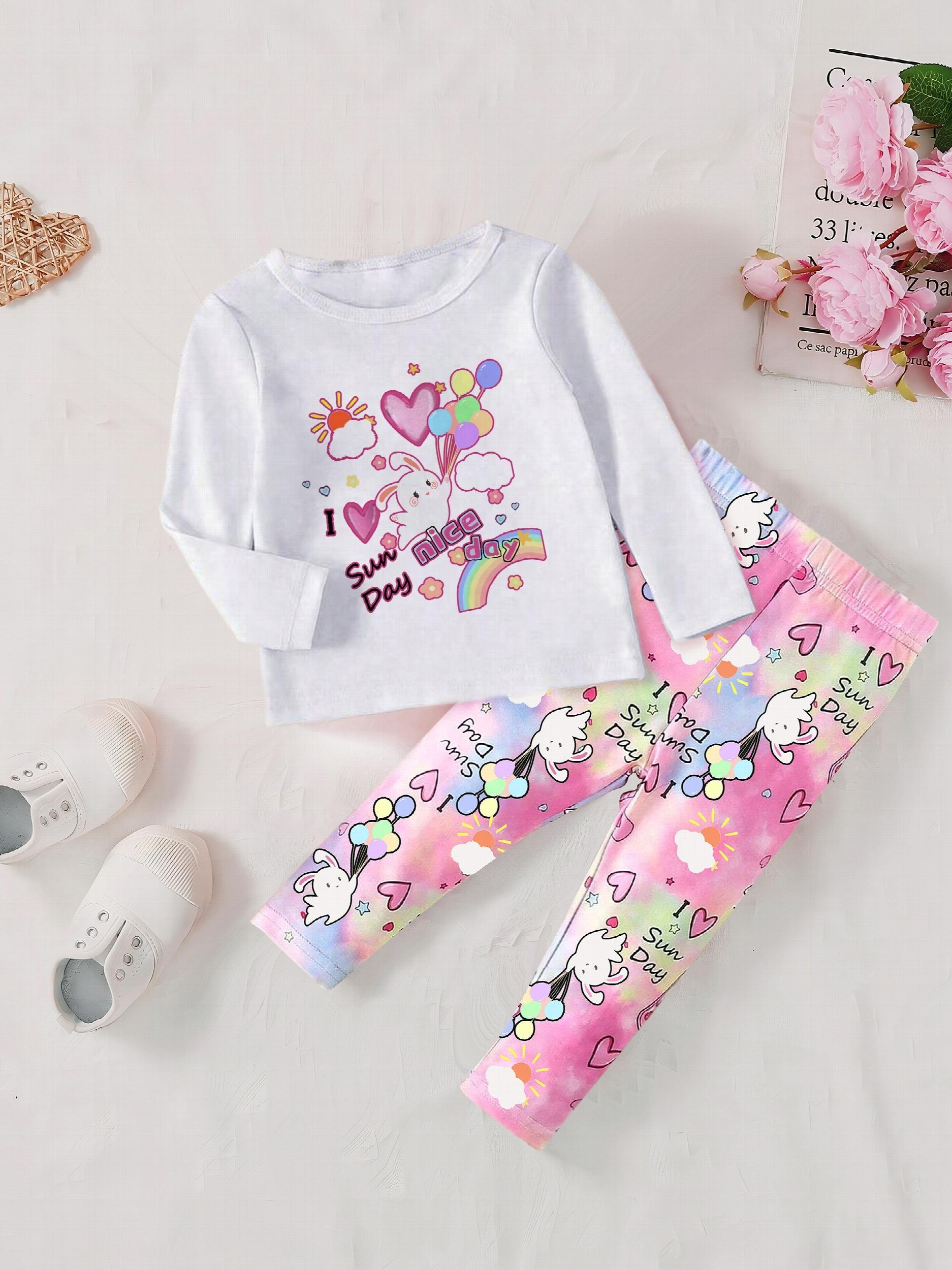 Rabbit Print Long Sleeve Sweatshirt Pants Set for Baby Girls