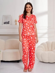 Heart & Lip Print Pajama Set Crew Neck Top & Lounge Pants