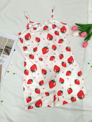 Strawberry Print Pajama Romper Sleeveless Crew Neck