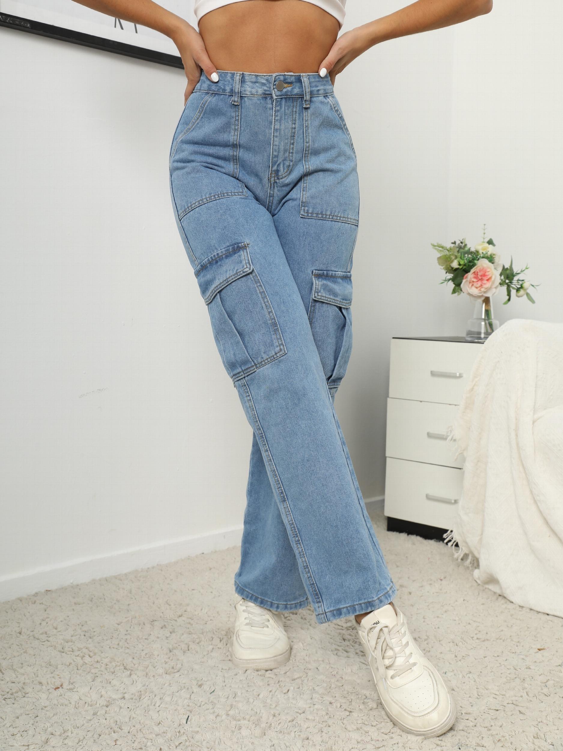 High Waist Flap Pockets Cargo Pants Loose Fitting Straight Legs Denim Pants
