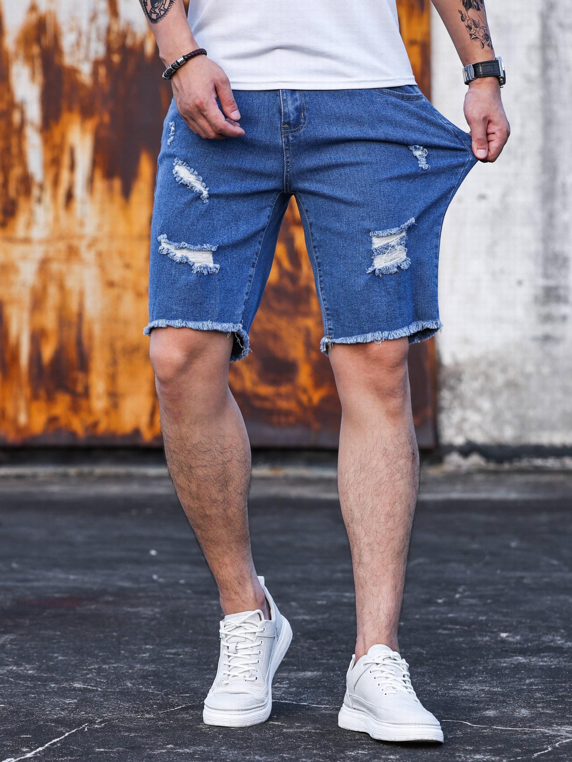 Men's Ripped Denim Shorts Casual Street Style Distressed Medium Stretch