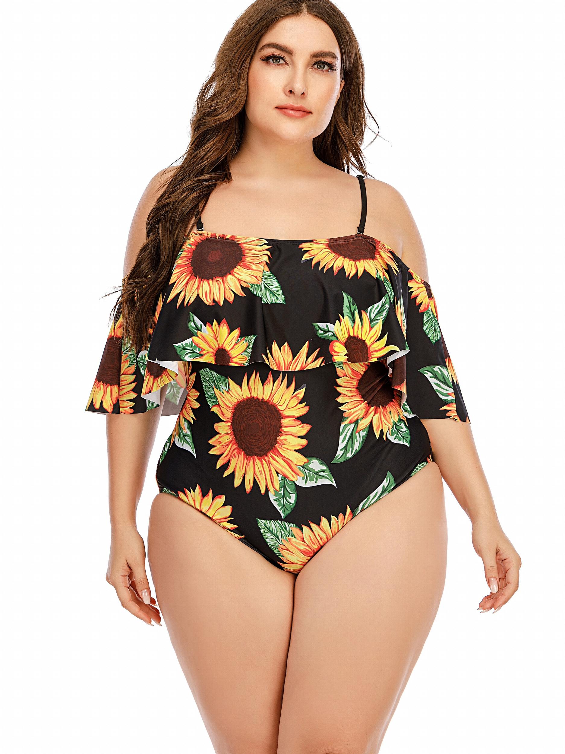 Sunflower Print Off Shoulder Ruffle One Piece Swimsuit