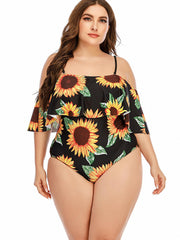 Sunflower Print Off Shoulder Ruffle One Piece Swimsuit