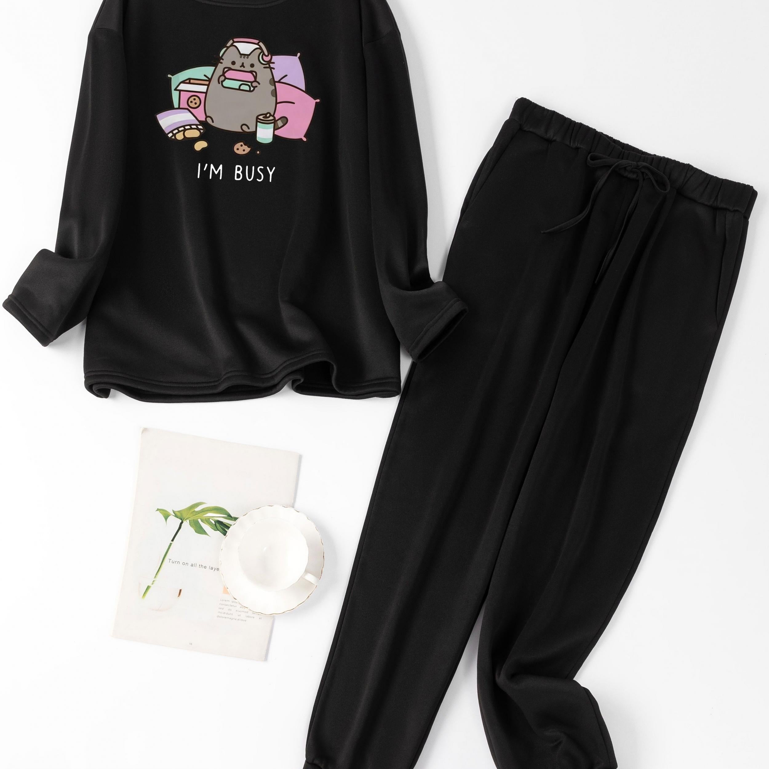 Women's Plus Cat & Slogan Print Fleece Tee & Jogger Pants Set